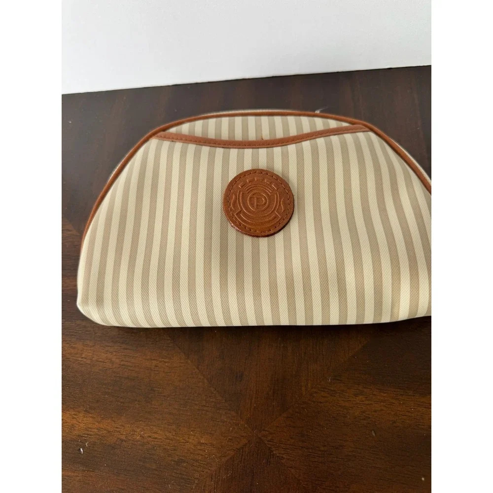 Vintage Tan White Striped Cosmetic Bag Toiletry Pouch Leather Logo‎ Patch